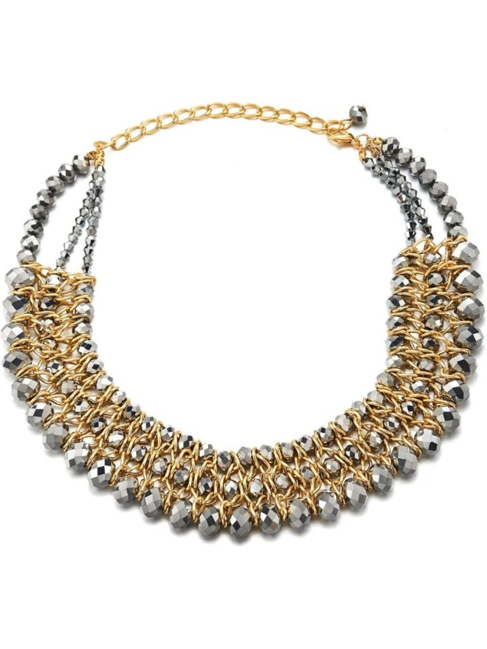 Statement Necklace Black Faceted Crystal Beads String 18K Gold-Plated Braided